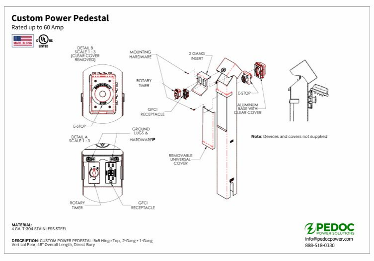 Custom Pedoc 5×5 outdoor power pedestal with E-stop button and rotary timer device layout on stainless steel pedestal drawing