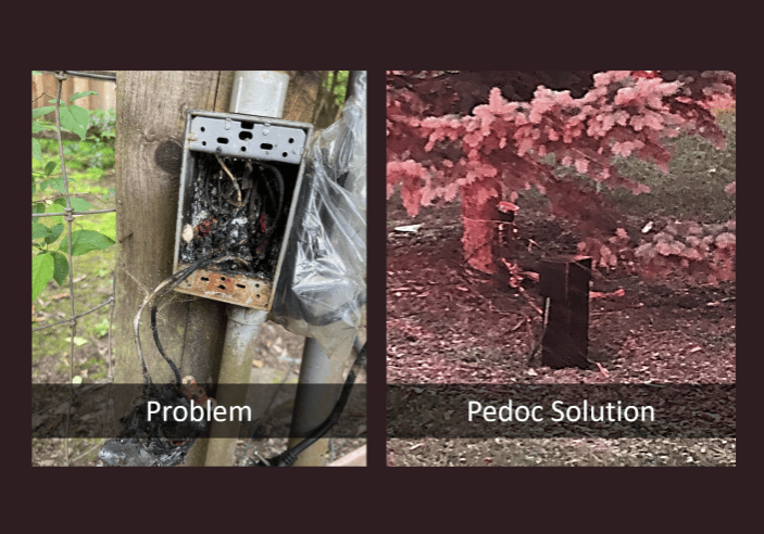 An image of a corroded outdoor electrical box next to an image of a Pedoc power pedestal protecting wiring and electrical components in wind and sleet.