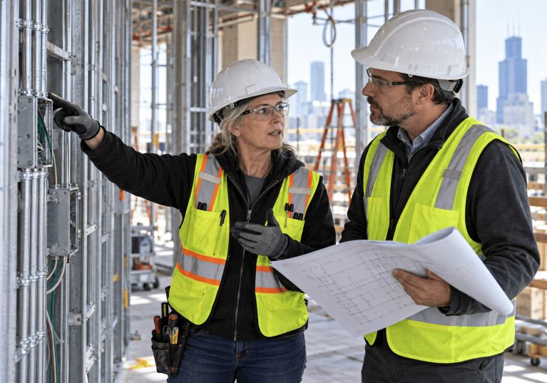 Female electrical contractor discussing installed conduit with a specifier holding construction plans on a commercial job site.