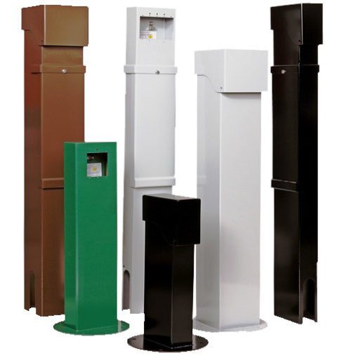 brown white black green PEDOC outdoor electrical power pedestals grouped together jpeg