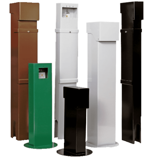 brown white black green PEDOC outdoor electrical power pedestals grouped together png